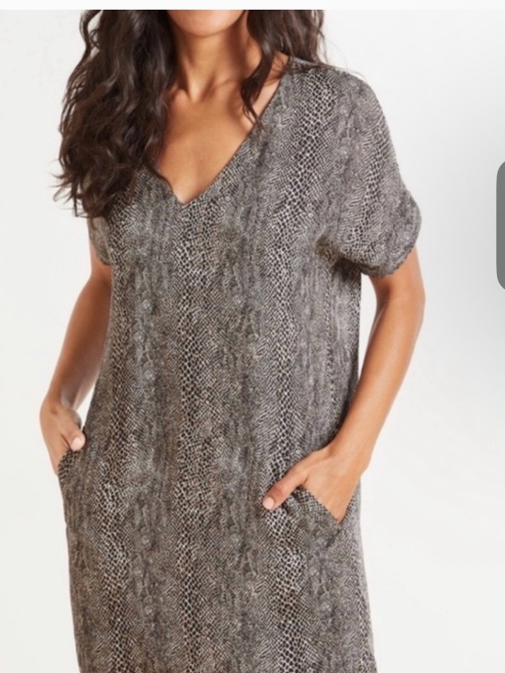 Evereve Black and‎ Gray V-Neck Snake Print Midi Dress